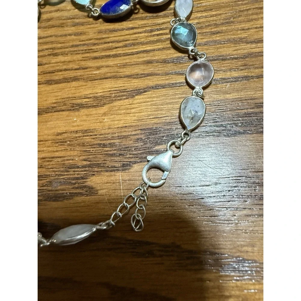 Sterling Silver multi Genuine Stones Faceted Necklace 925 Lapis Smoky Quartz 14
